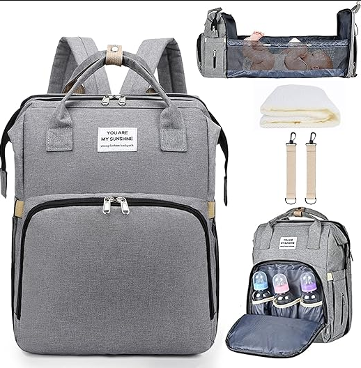 Mochila pañalera gris con cambiador extensible, vistas del producto