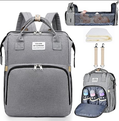 Mochila pañalera gris con cambiador extensible, vistas del producto