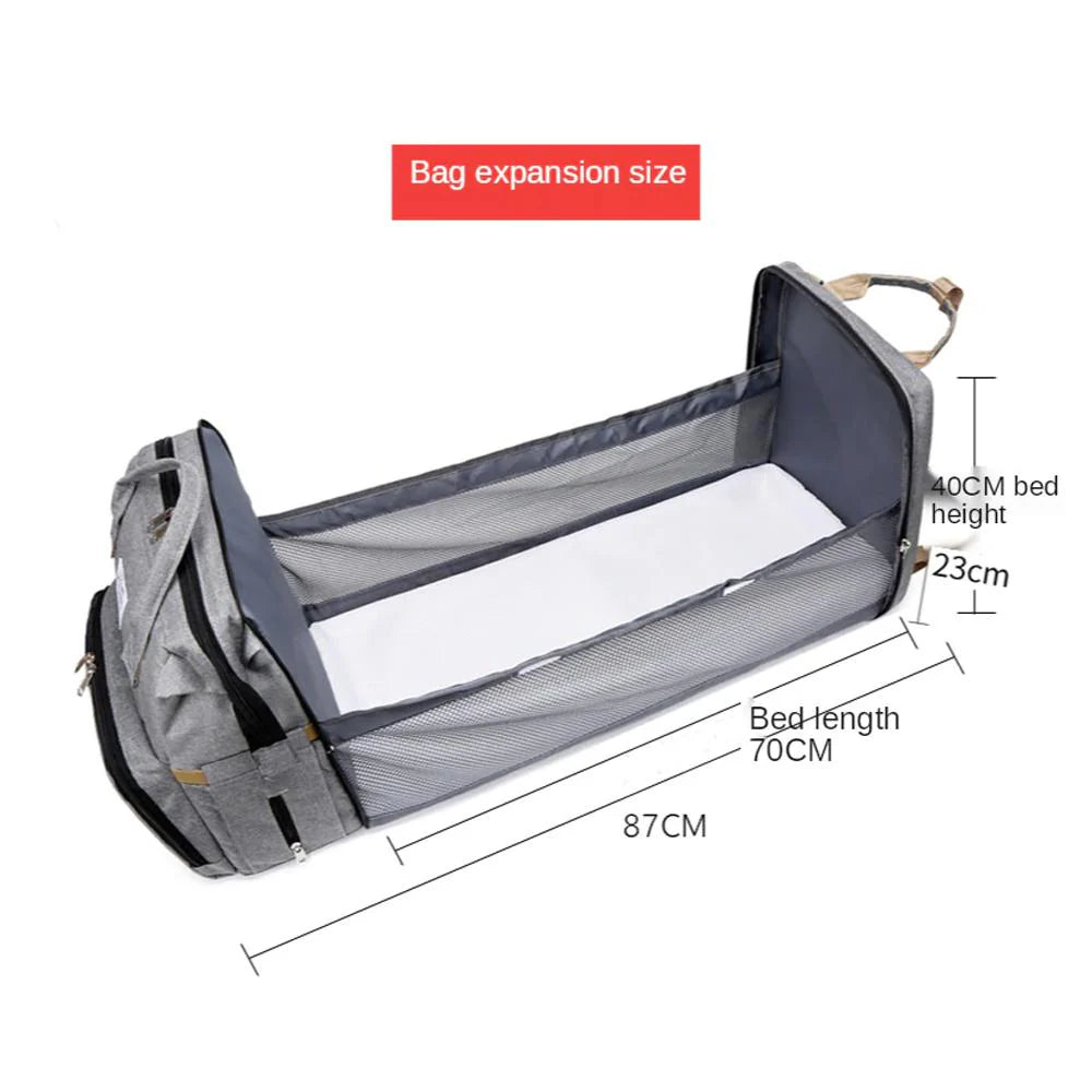 Ficha técnica: medidas de la mochila pañalera extendida como cuna portátil