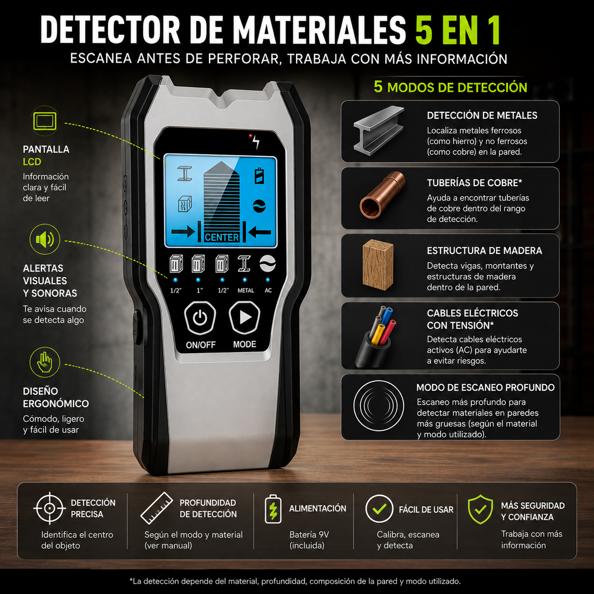 Detector de Materiales en pared 5 en 1.