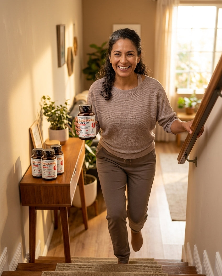 Mujer activa subiendo gradas con Glucosamina Forte 10 en 1