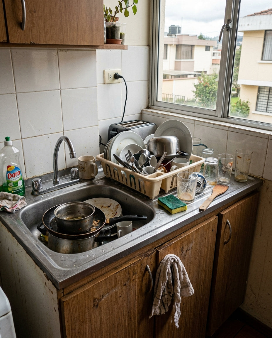 Cocina desordenada con platos amontonados junto al fregadero