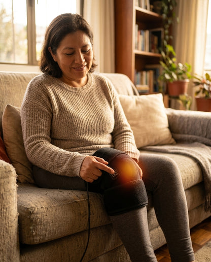 Mujer usando la rodillera térmica eléctrica, aliviada, presionando el botón de encendido