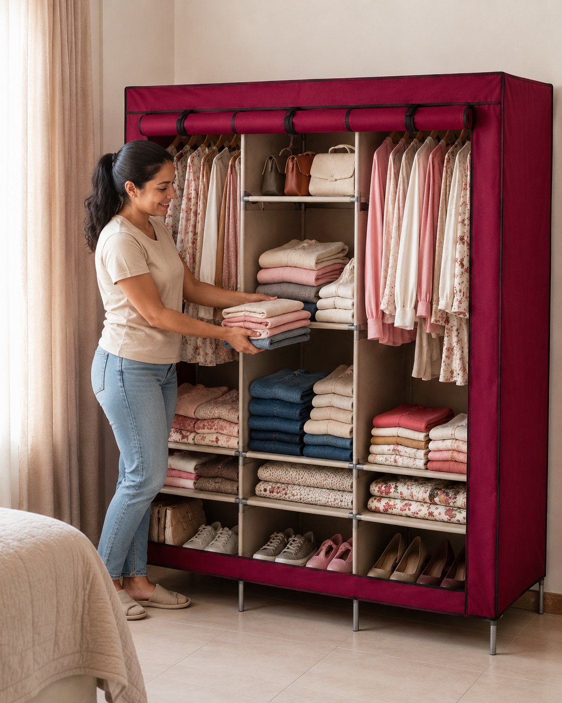 Mujer guardando ropa doblada en el ropero de 3 cuerpos